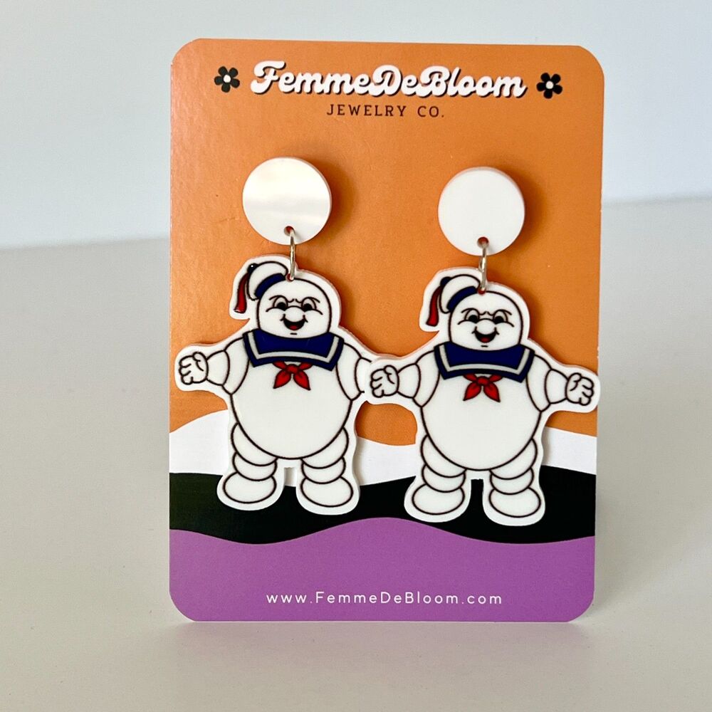 NWT FemmeDeBloom Stay Puft Marshmallow Man Dangle Drop 2"Acrylic Earrings